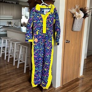 Tipsy elves snowsuit ski snowboard 80s pattern purple yellow